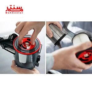 دو مرحله از فرآیند تخلیه مخزن گرد و غبار یک جاروبرقی بی‌سیم بوش را نشان می‌دهد.